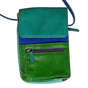 RFID Crossbody Purse Bag Wallet Cell Phone Holder Leather Blue Green bv